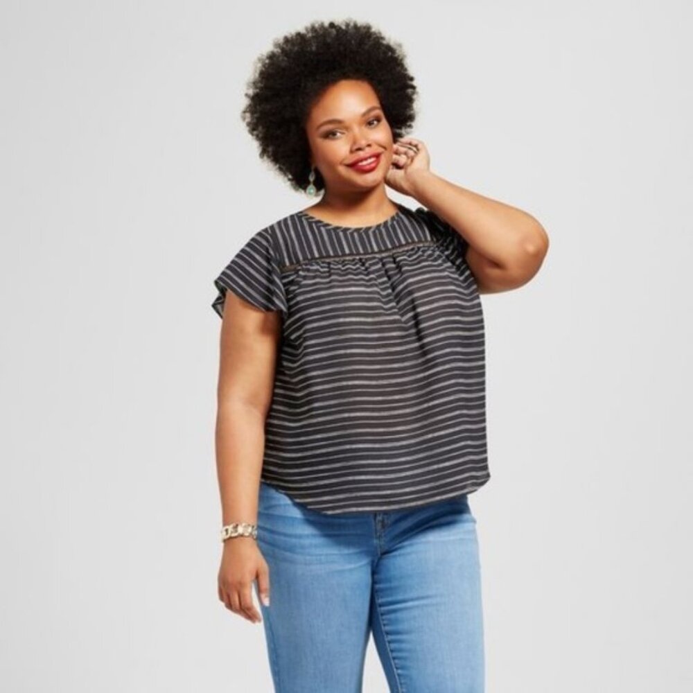 AVA & VIV Striped Flutter Sleeve Top 3X